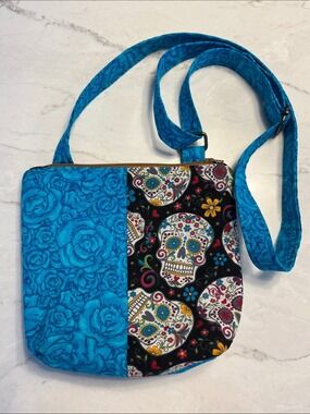 Teal Floral & Sugar Skull Crossbody Bag